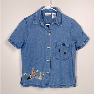 Vintage Blair Blue Denim Shirt with Dog Embroidery and bone buttons size small